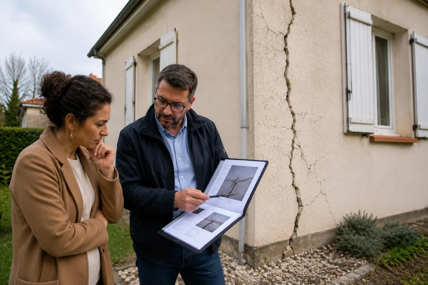 Expert et propriétaire examinant un dossier de contre-expertise devant une fissure verticale de façade.