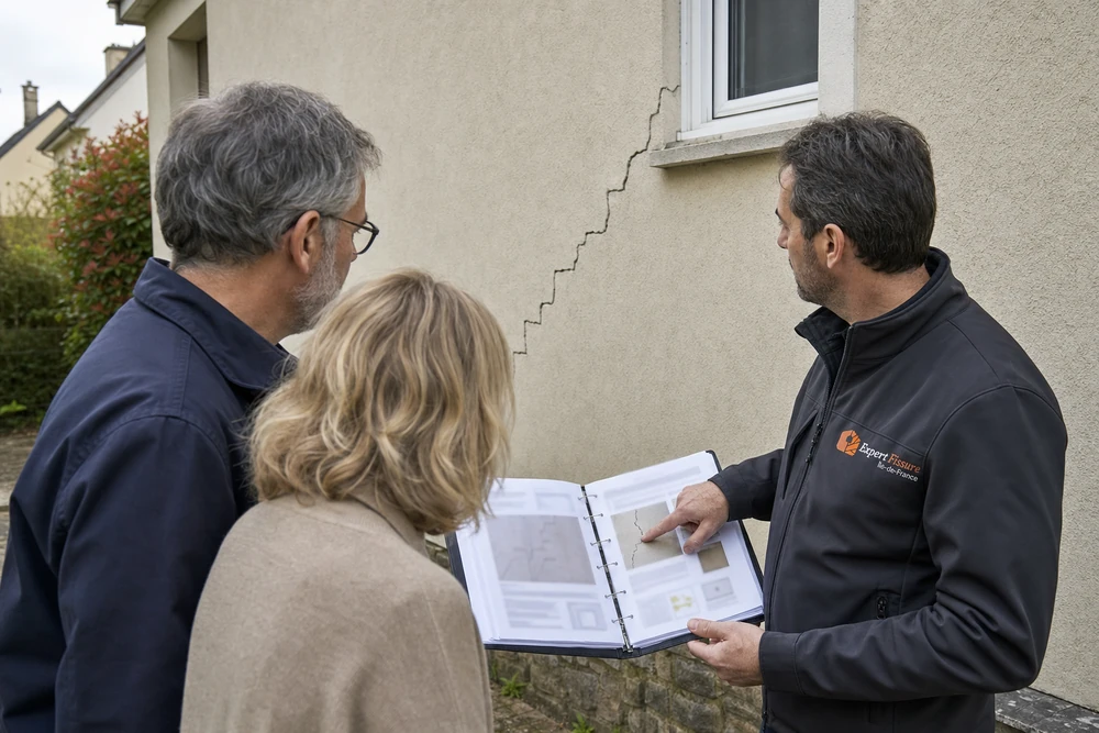 Expert indépendant comparant le rapport de l'assurance à la fissure réelle sur la façade, en présence des propriétaires
