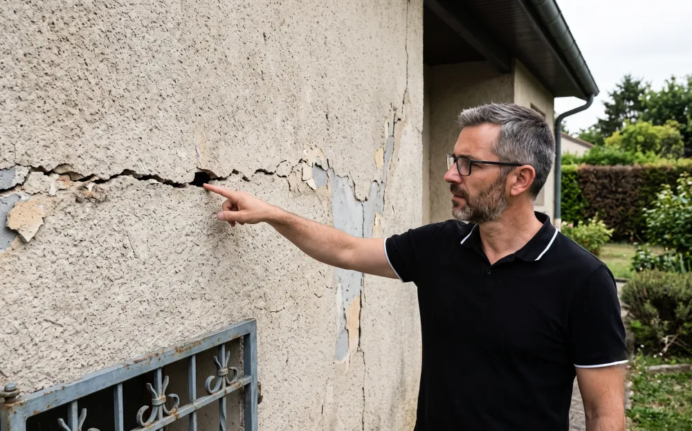 Expert fissure indépendant examinant une fissure sur une façade en Île-de-France