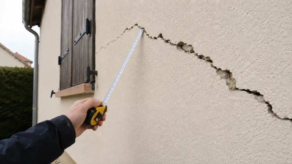 Mesure au mètre ruban d'une fissure en escalier sur une façade, sous un volet en bois.