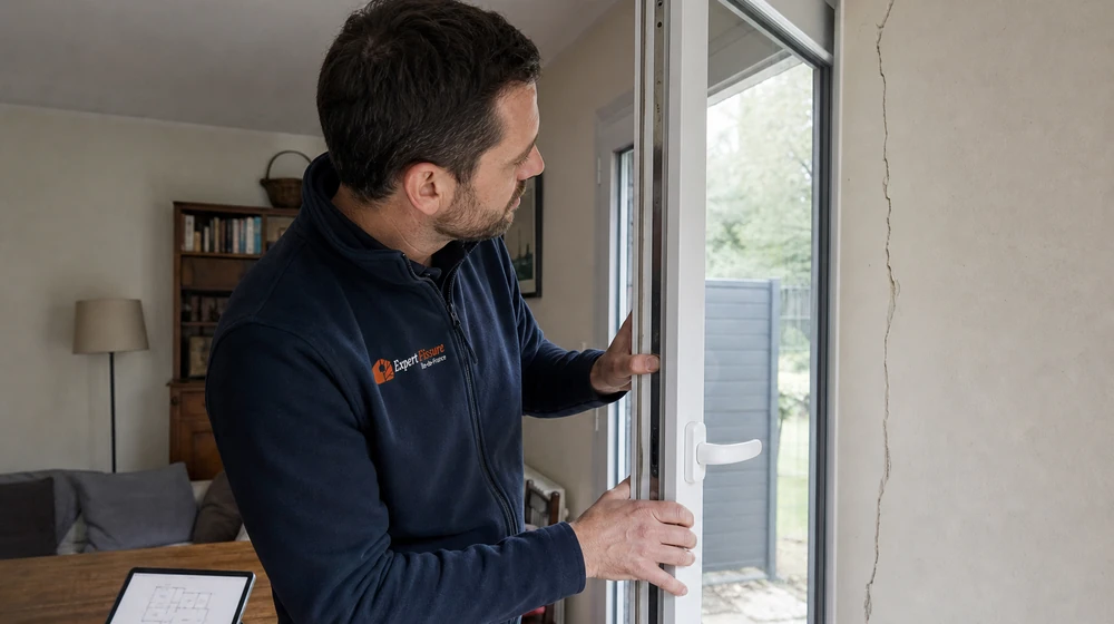 Expert testant l'ouverture d'une porte-fenêtre près d'un mur fissuré à l'intérieur d'un pavillon, signal d'alerte structurel