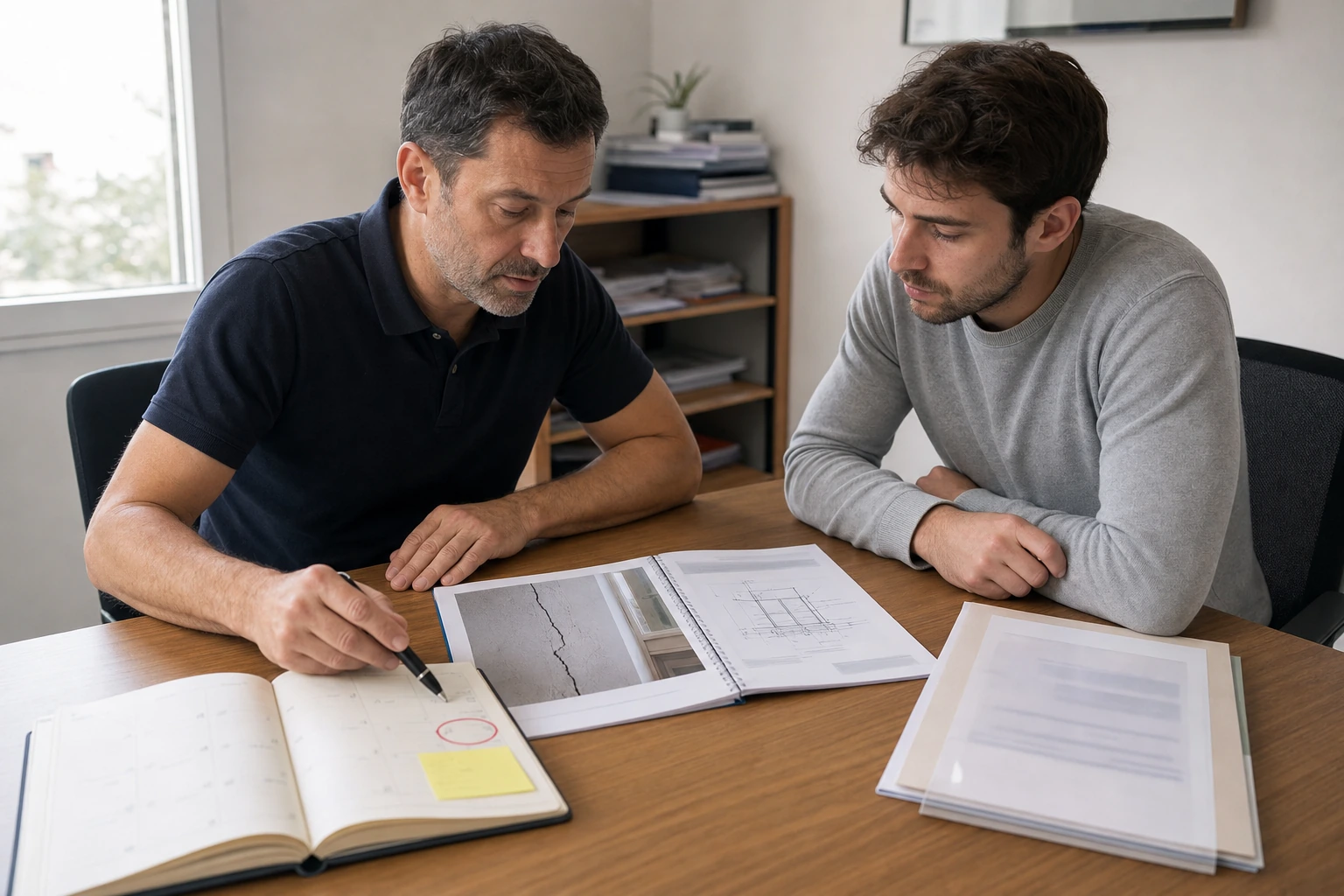 Expert et acheteur examinant un rapport de fissure à côté d'un agenda dont une date est entourée, signalant l'échéance du compromis de vente.