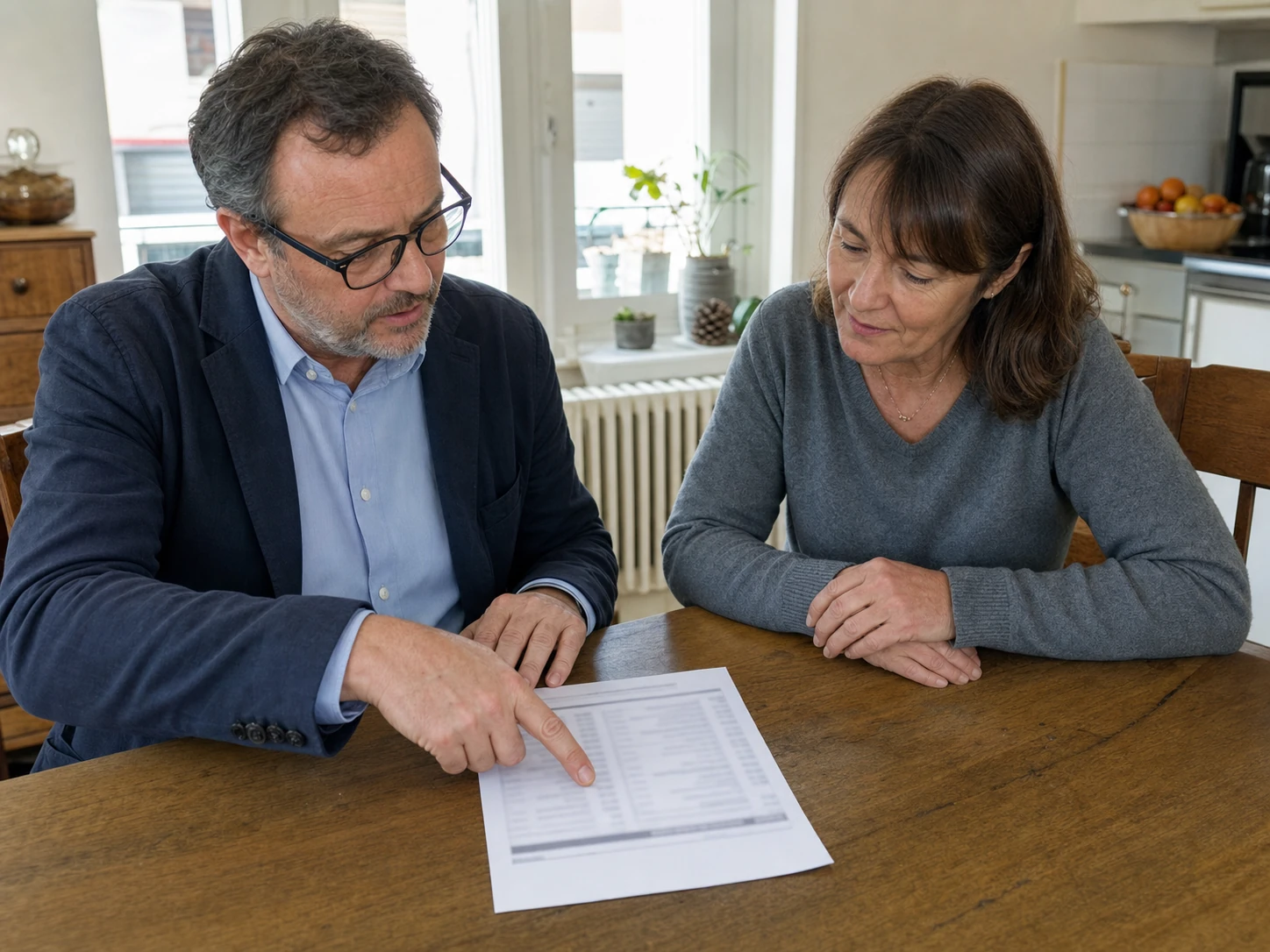 Un expert en bâtiment montre du doigt une ligne d'un devis chiffré à une propriétaire, assis ensemble autour d'une table dans un logement francilien.