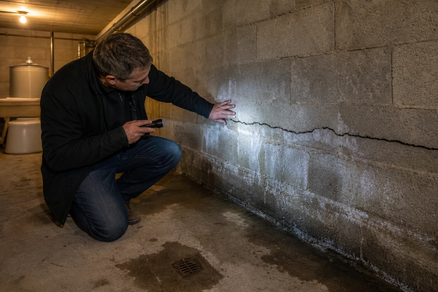 Expert éclairant à la lampe une fissure humide sur le mur en parpaing d’un sous-sol enterré.