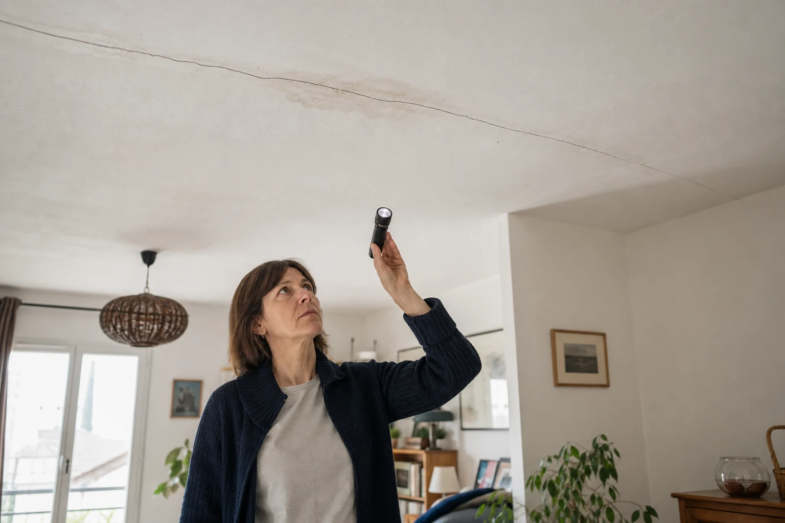 Expert examinant une fissure au plafond d'un salon éclairé par la lumière du jour.