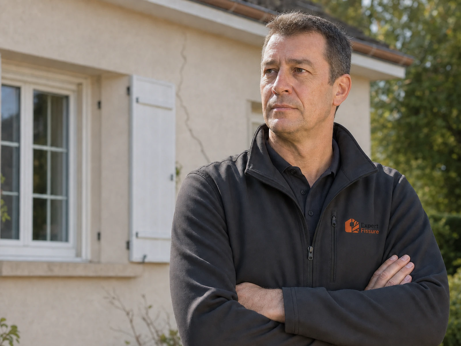 Expert Fissure Île-de-France en tenue de travail, portrait devant une façade pavillonnaire fissurée