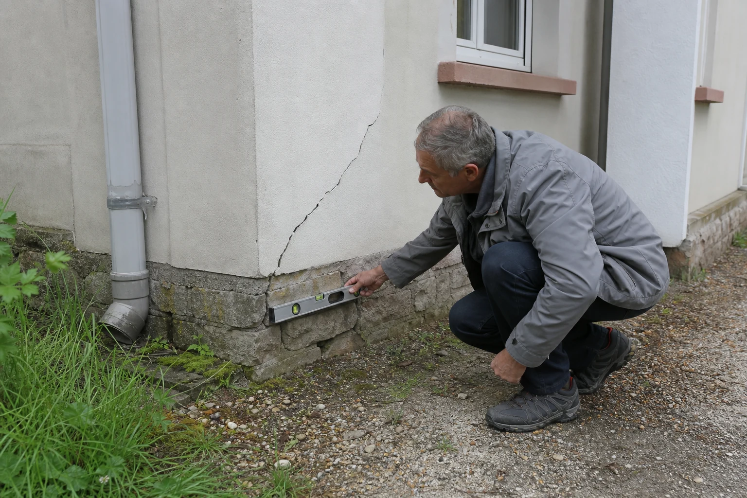 Expert mesurant une fissure d’angle partant des fondations près d’un sol localement affaissé.