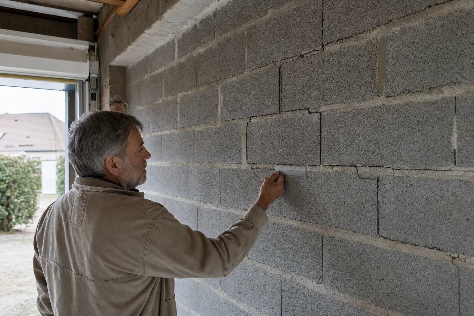 Fissure suivant les joints d’un mur en parpaing brut examinée par un expert dans un garage.