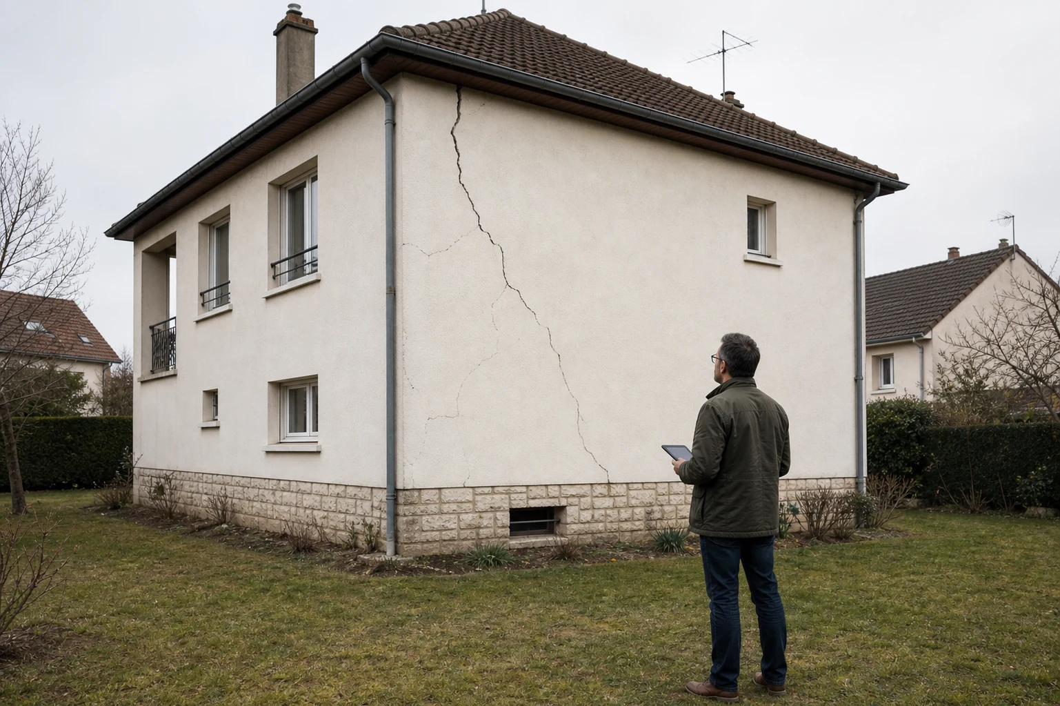 Expert observant dans son ensemble une façade de pavillon francilien marquée par une fissure.