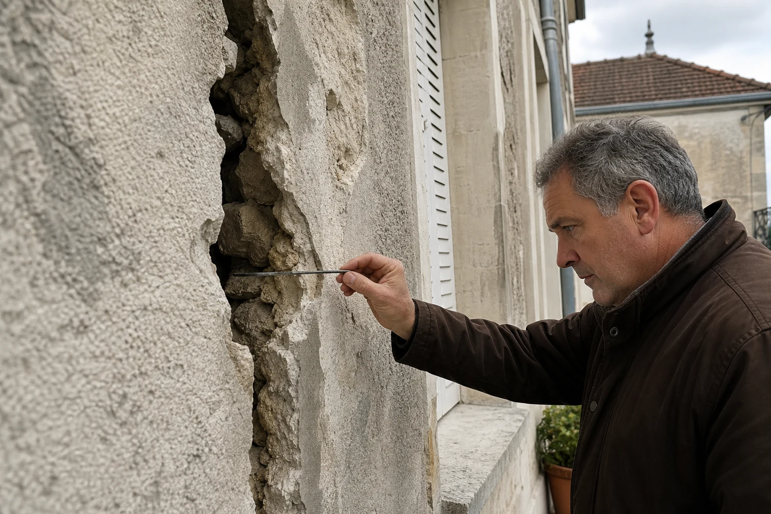 Expert observant de biais la profondeur d’une fissure traversante dans un mur pignon épais.