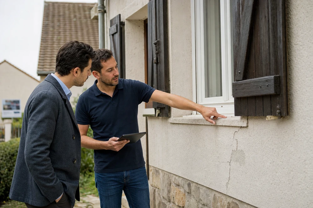 Un expert en bâtiment muni d'une tablette montre une fissure sous la fenêtre d'un pavillon francilien à un acheteur potentiel lors d'une visite avant achat.