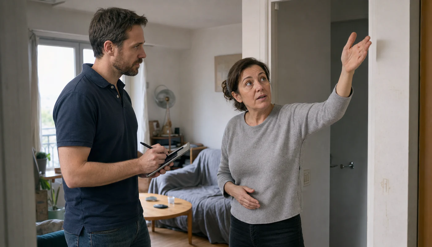 Un expert en bâtiment prend des notes tandis qu'une propriétaire lui désigne un point à observer dans son logement.