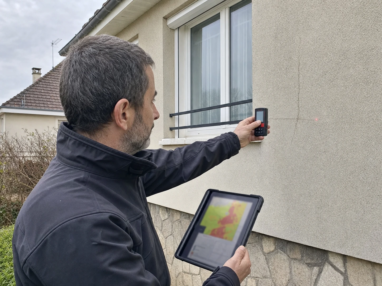 Expert en bâtiment mesurant une fissure de façade avec un télémètre laser, une tablette affichant une carte d'aléa RGA à la main.