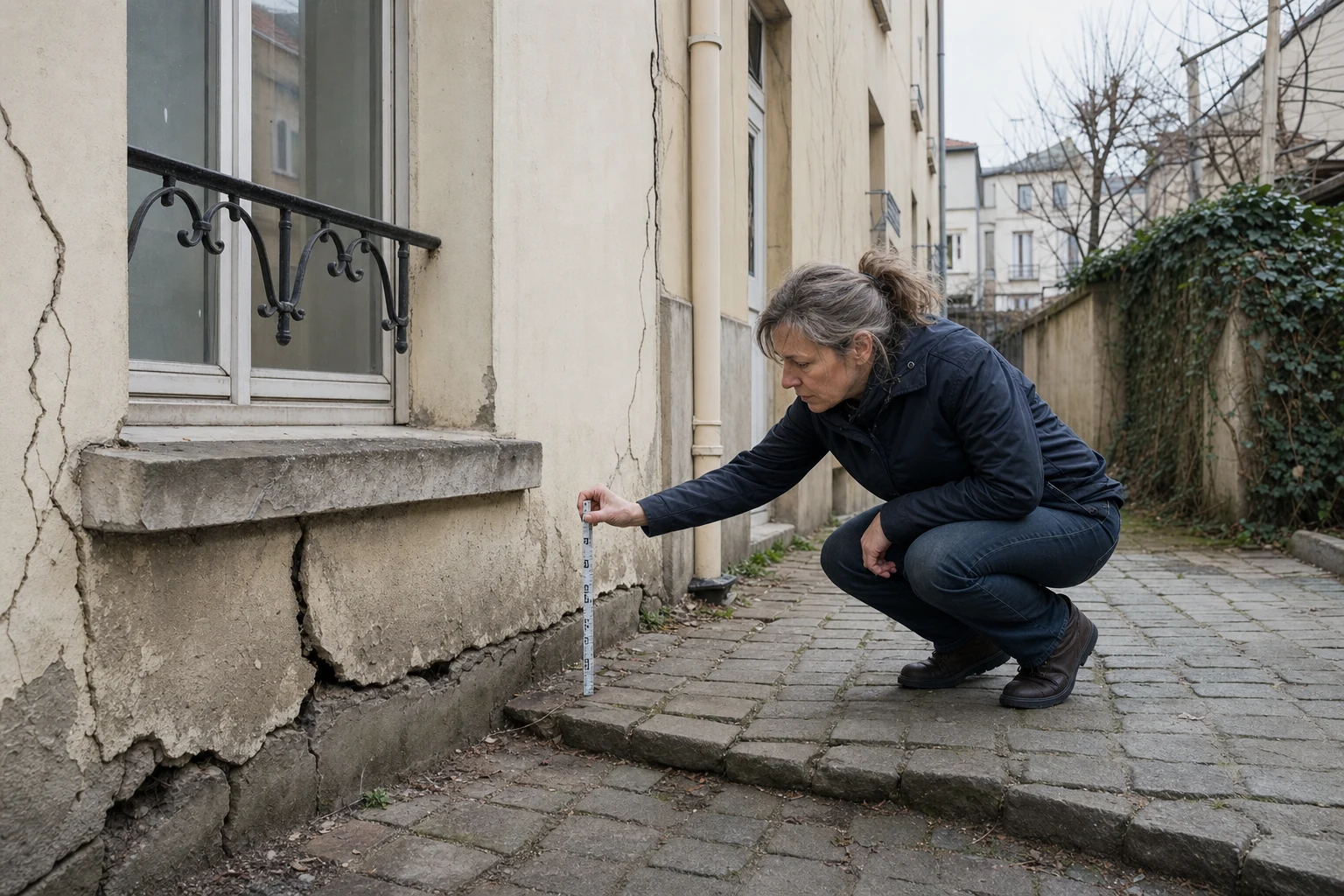 Experte relevant des fissures et un léger affaissement au pied d'un immeuble francilien.