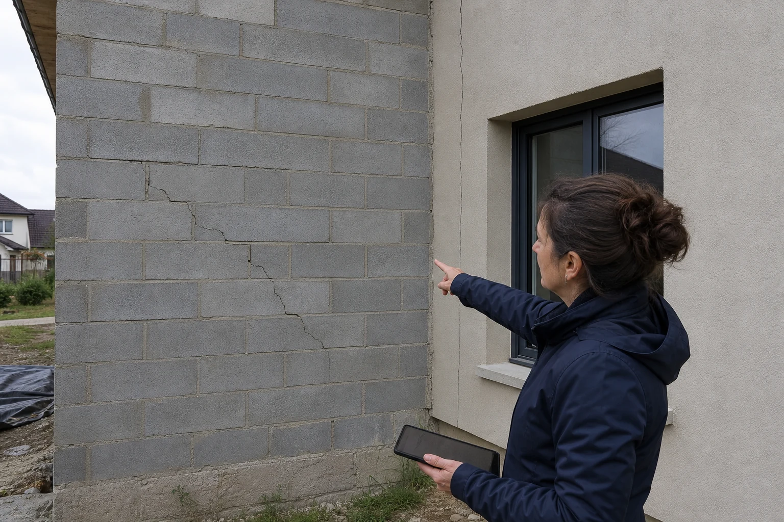 Experte expliquant le tracé de plusieurs fissures visibles sur une façade en maçonnerie.