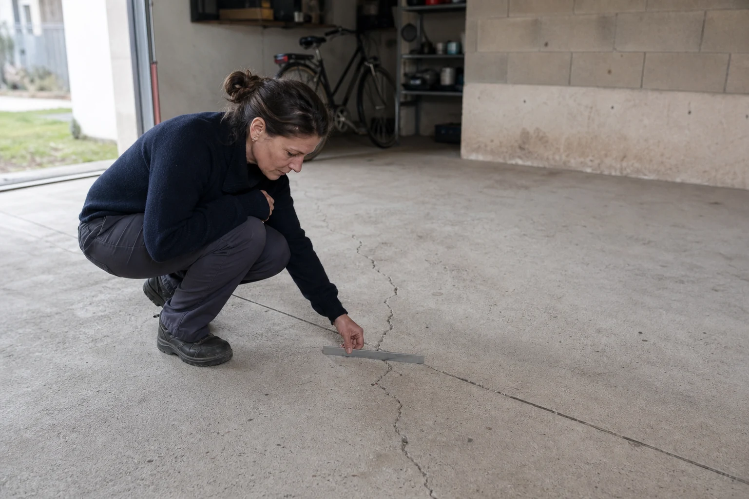 Experte accroupie contrôlant la fissure et l’affaissement d’une dalle en béton de garage.