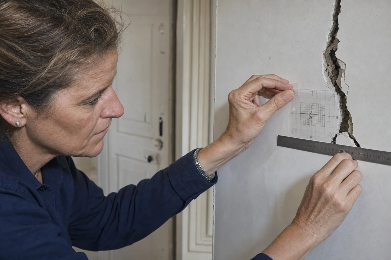 Experte posant un témoin gradué sur une fissure ouverte d'un mur intérieur, près d'un encadrement de porte.