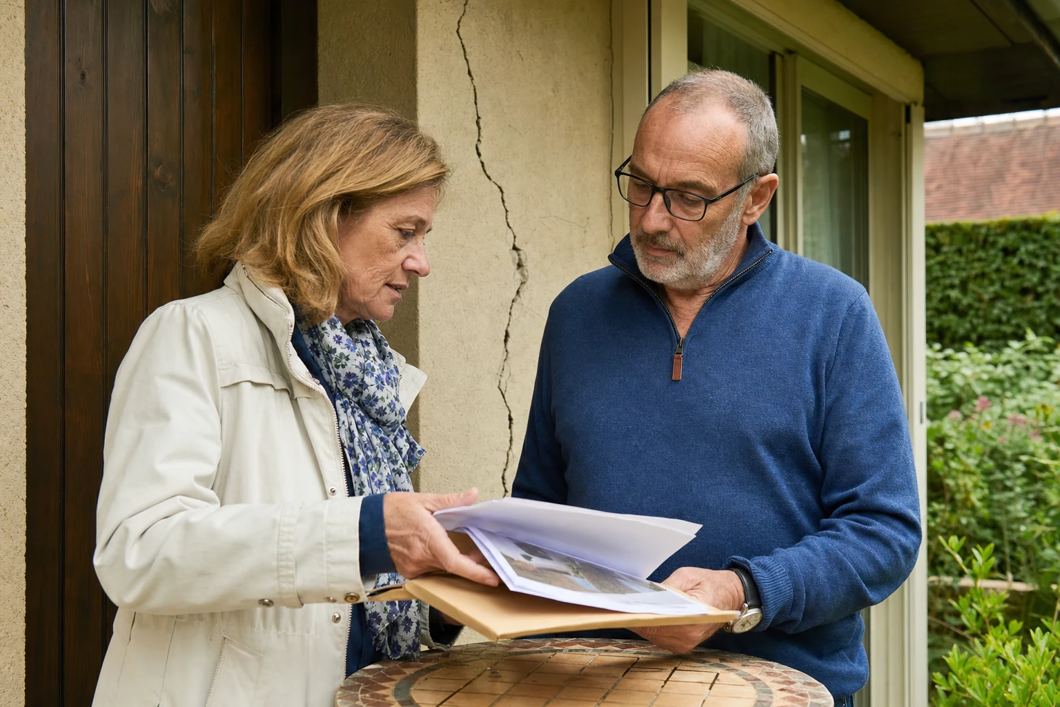 Experte échangeant un dossier de sinistre avec un propriétaire devant une fissure de façade.