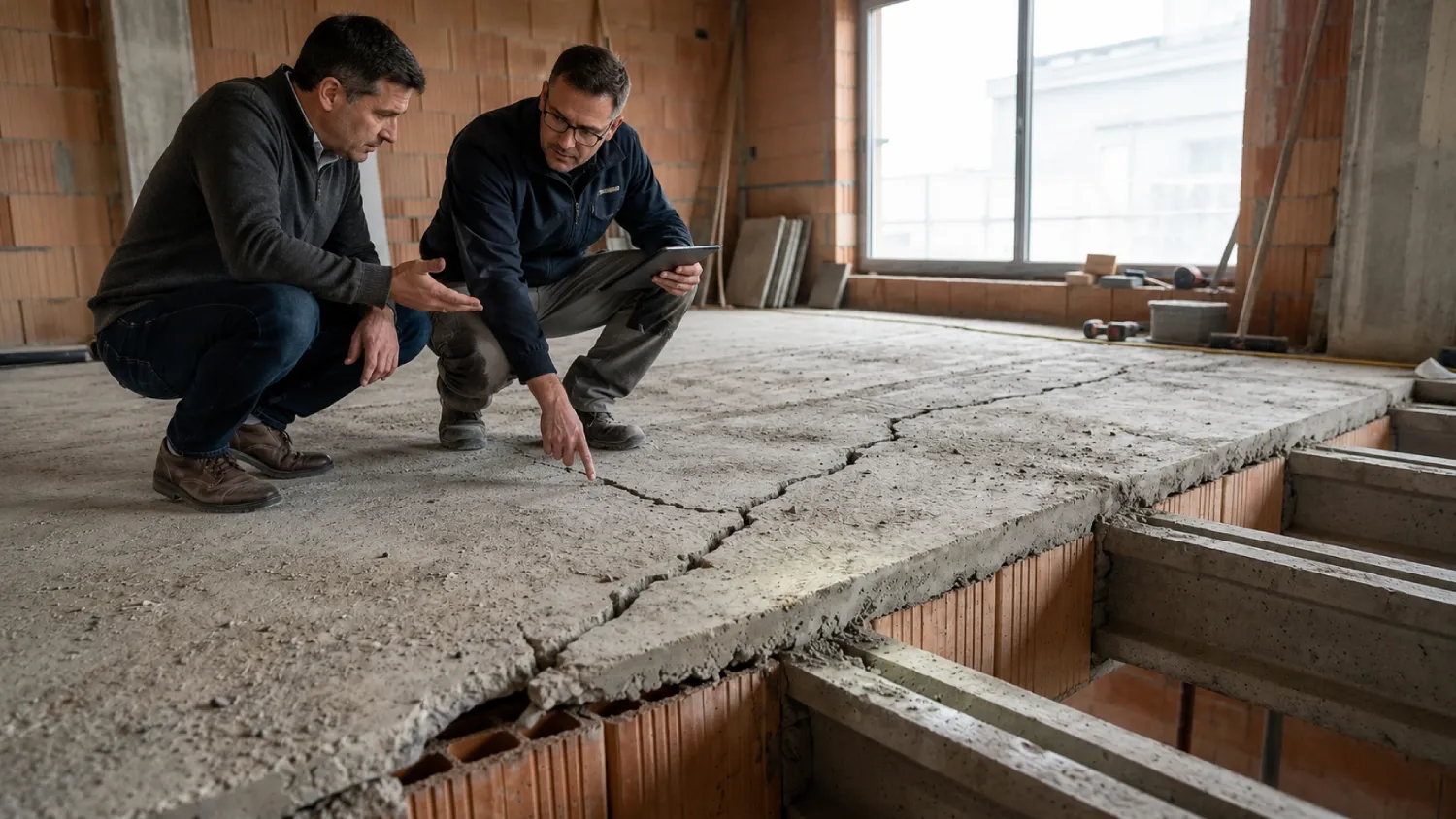 Experts examinant une fissure sur dalle béton lors d'une expertise structurelle