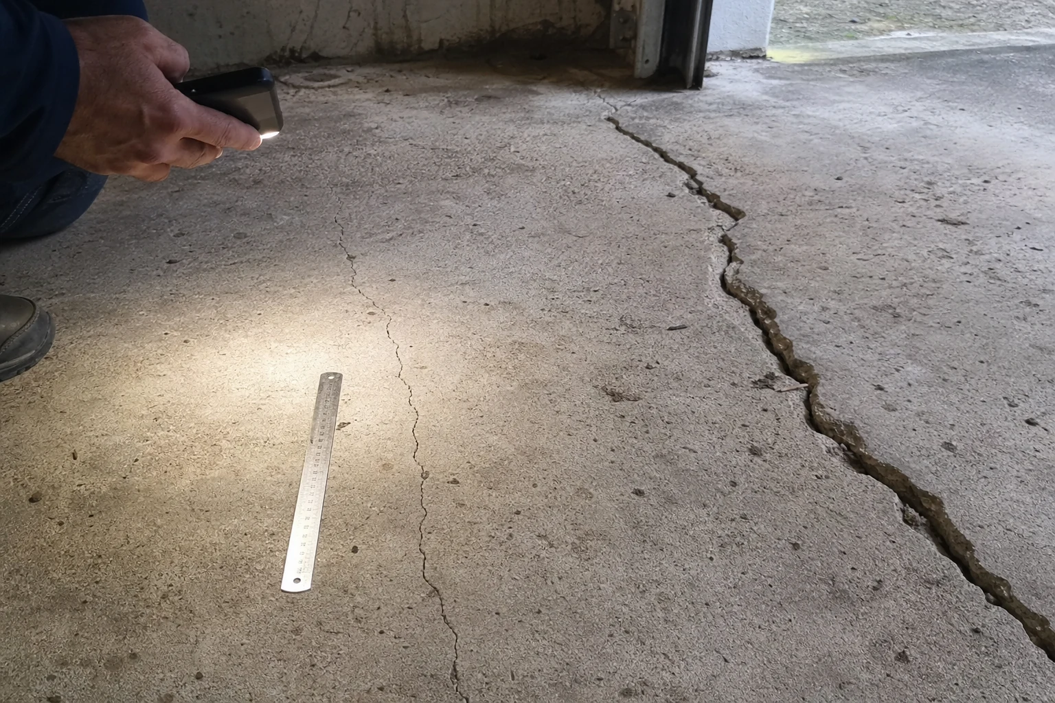 Examen à la lampe et au réglet d'une fissure de dalle en béton dans un garage.