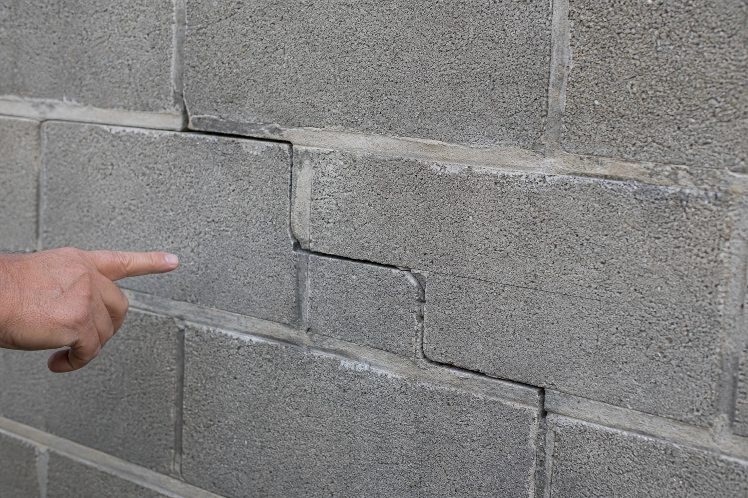 Fissure en escalier suivant les joints de mortier d'un mur en parpaing examinée par un expert