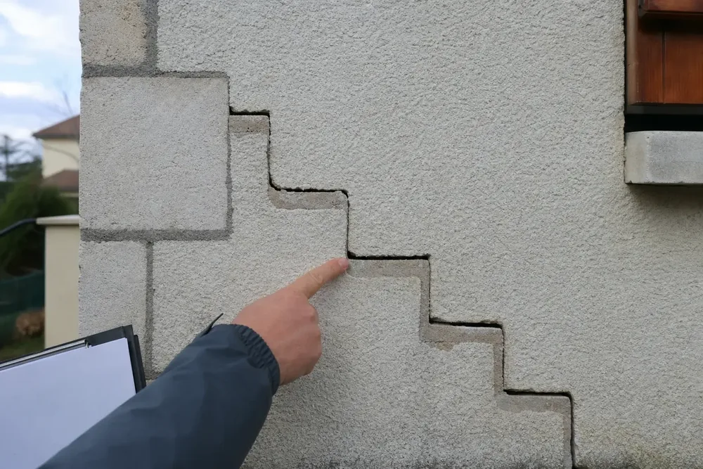 Fissure en escalier suivant les joints de parpaings sur un mur de façade, désignée du doigt par un expert
