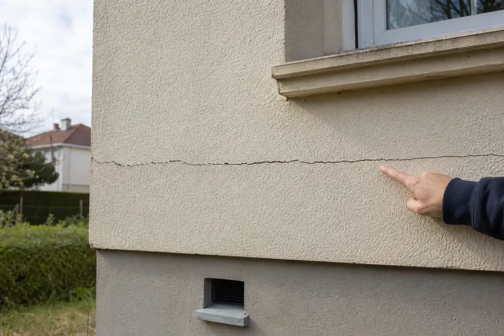 Fissure horizontale filante sur une façade enduite, sous l'appui d'une fenêtre