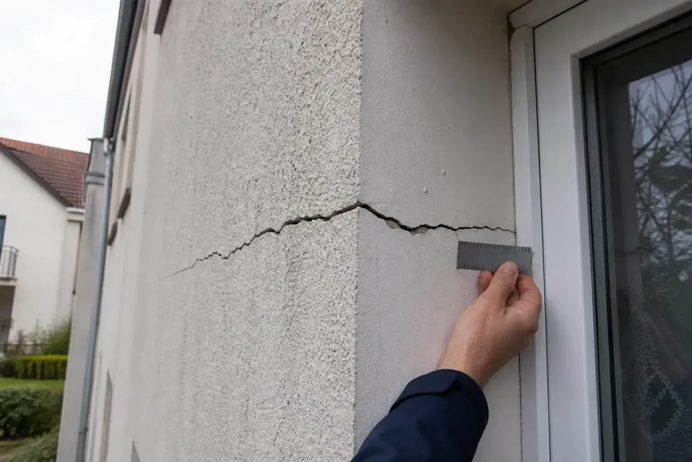 Fissure traversante ouverte en angle de façade, près d'une fenêtre, mesurée au réglet