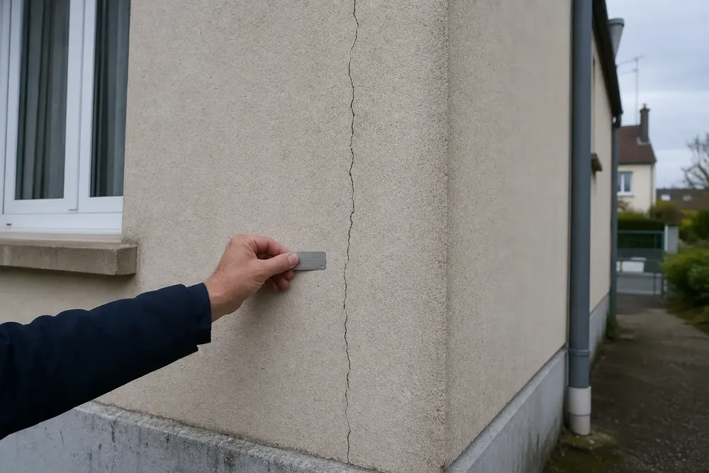 Fissure verticale en angle de façade, sondée à la main par un expert.