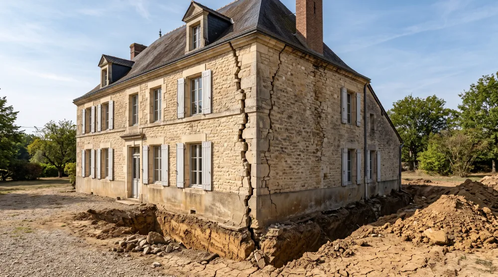 Fissure verticale traversante sur une façade en pierre, tassement différentiel lié au retrait-gonflement des argiles