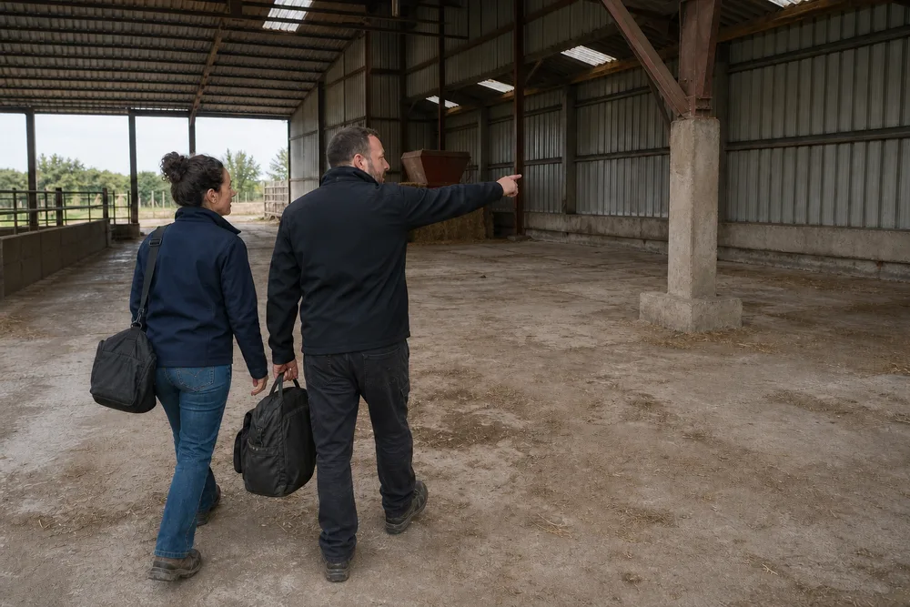 Deux techniciens Expert Fissure se dirigeant ensemble vers un poteau de charpente dans une stabulation agricole, sacs à outils à l'épaule