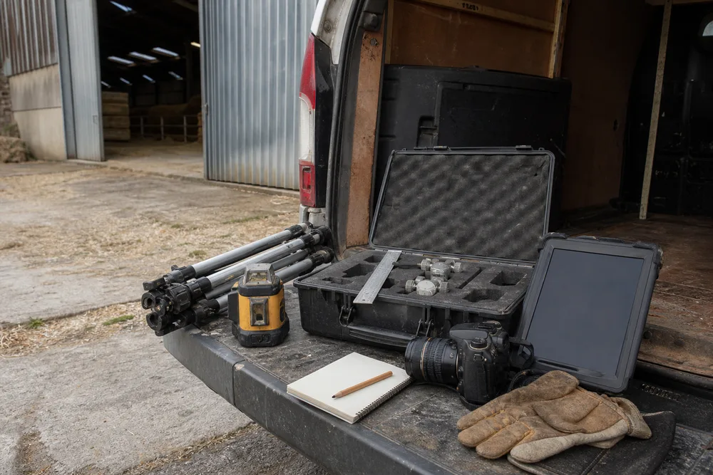 Matériel de relevé structurel (niveau laser, mallette de jauges, tablette, appareil photo) déposé sur le hayon d'un utilitaire dans une cour de ferme