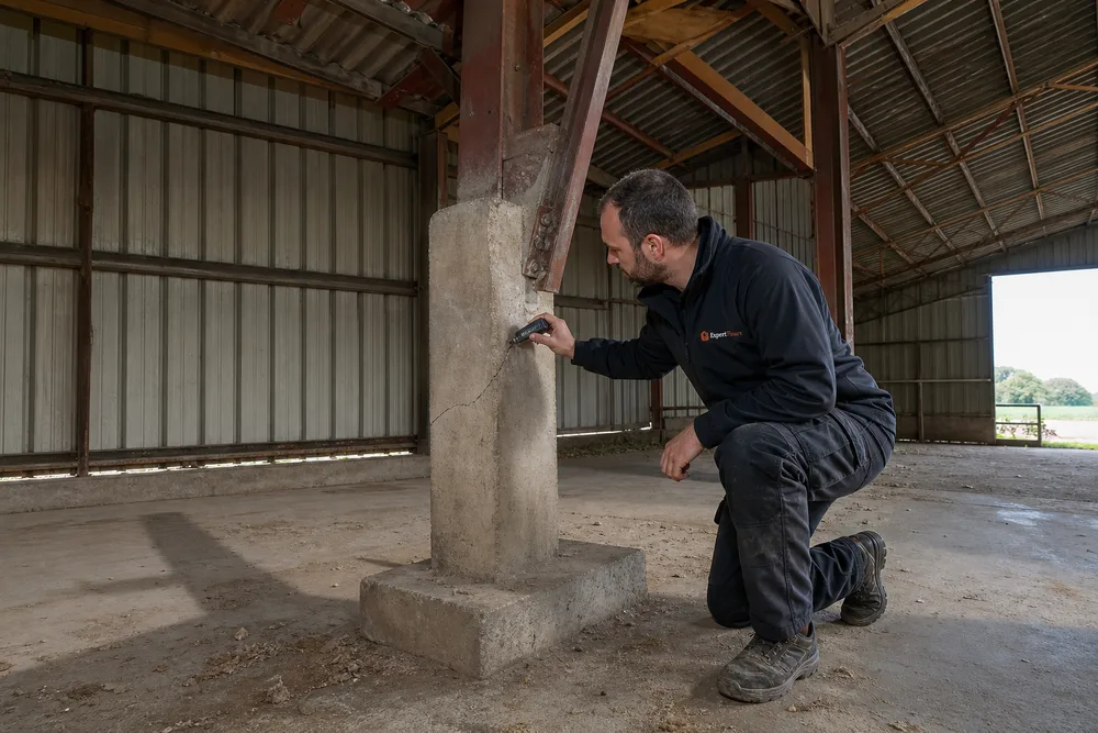 Ingénieur Expert Fissure agenouillé contre un poteau béton de hangar agricole, relevant une fissure au pied d'un point d'appui de charpente