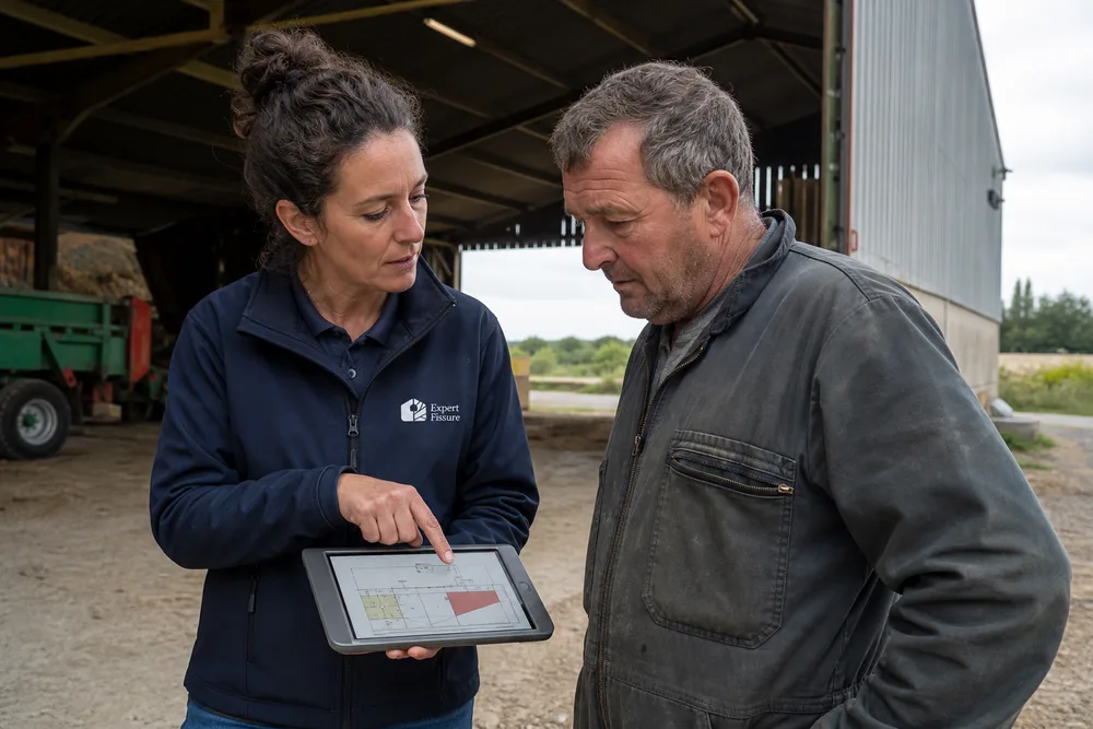 Experte Expert Fissure montrant sur tablette la cartographie des désordres à un exploitant agricole à l'entrée d'un hangar