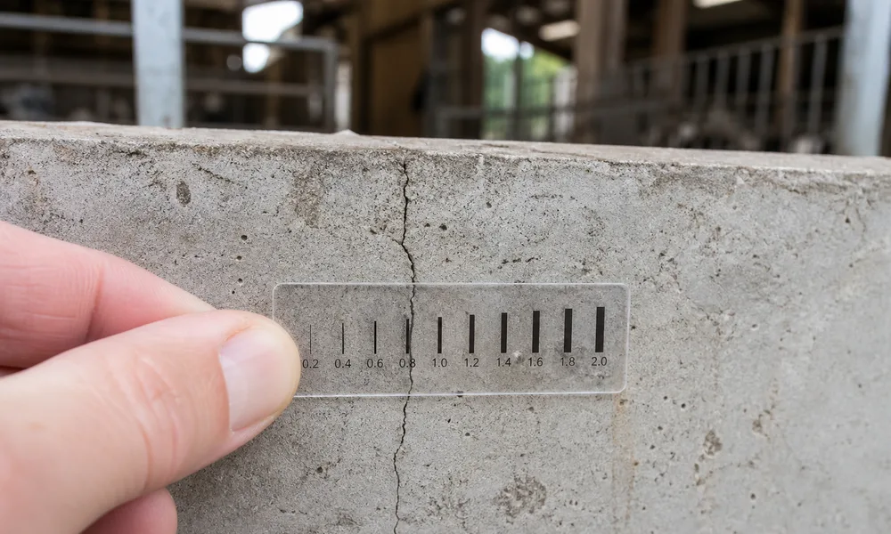 Détail d'une fissure sur un mur de stabulation agricole mesurée par un expert Expert Fissure IDF au fissuromètre
