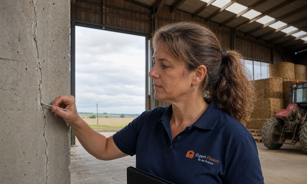 Ingénieur Expert Fissure Île-de-France inspectant une fissure sur un mur porteur de hangar agricole, polo floqué au logo de l'agence
