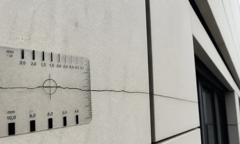 Détail d'une fissure sur un panneau de façade de bâtiment tertiaire récent examiné par un expert Expert Fissure IDF