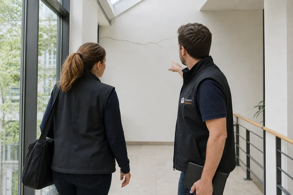 Deux experts Expert Fissure approchant d'un mur fissuré dans une circulation d'immeuble de bureaux