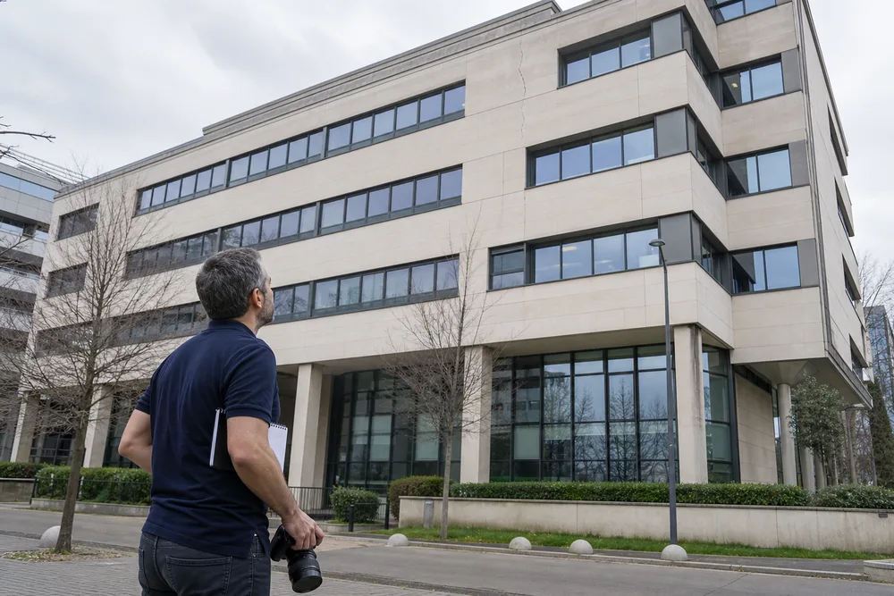 Ingénieur Expert Fissure examinant depuis le trottoir une fissure sur la façade d'un immeuble de bureaux tertiaire en Île-de-France