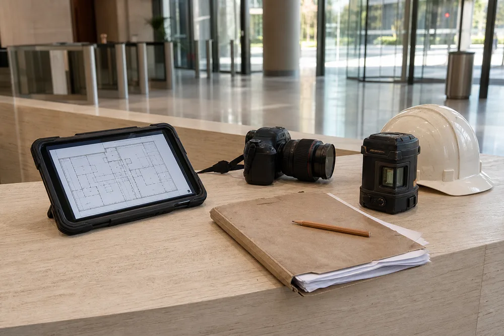 Matériel de relevé structurel (tablette, appareil photo, niveau laser) déployé sur la banque d'accueil d'un immeuble de bureaux avant l'inspection des plateaux