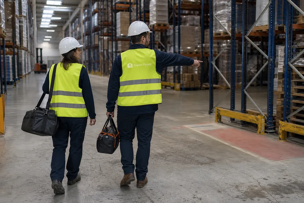 Deux techniciens Expert Fissure en gilet haute visibilité et casque débutant l'inspection d'une zone de dallage dans une allée d'entrepôt logistique