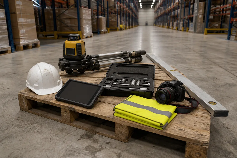 Matériel de relevé structurel (niveau laser, règle de contrôle, appareil photo) déployé sur une palette dans une allée d'entrepôt logistique