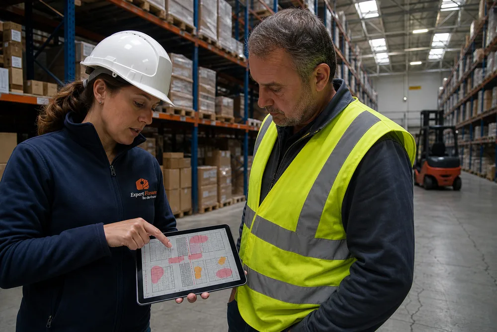 Experte Expert Fissure présentant sur tablette la cartographie des désordres de dallage à un responsable logistique en gilet haute visibilité