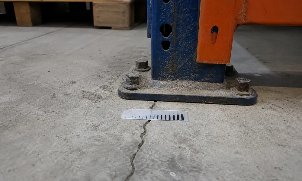Détail d'une fissure de dallage d'entrepôt mesurée au fissuromètre par un expert Expert Fissure IDF, pied de rack à proximité