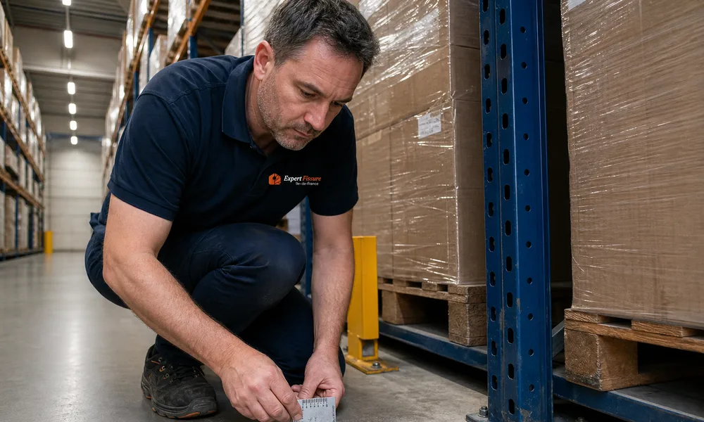 Ingénieur Expert Fissure Île-de-France inspectant une fissure de dallage au pied d'un rack de stockage dans un entrepôt logistique, polo floqué au logo de l'agence