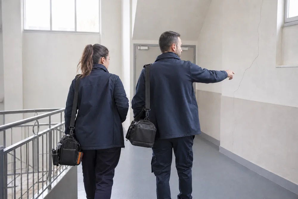 Deux techniciens Expert Fissure en tenue de travail débutant l'inspection d'un mur porteur fissuré dans un établissement public