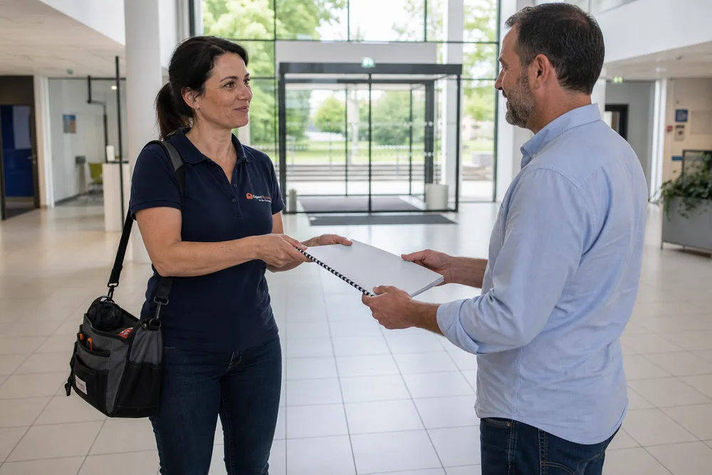 Remise en main propre du rapport d'expertise relié à un gestionnaire d'ERP dans un hall d'accueil
