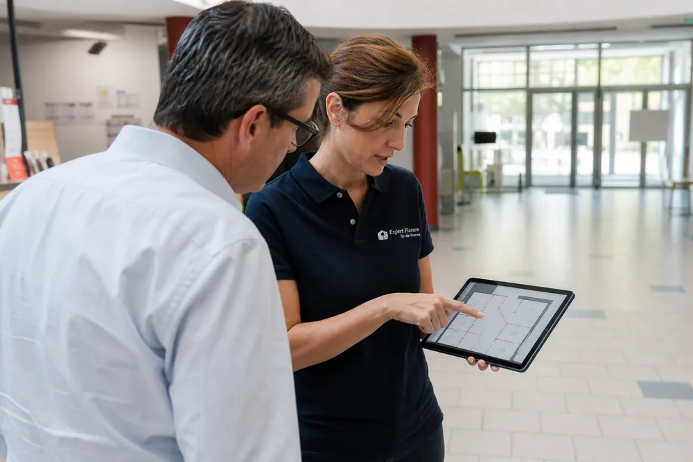 Ingénieur Expert Fissure présentant sur tablette la cartographie des désordres au directeur d'un établissement recevant du public