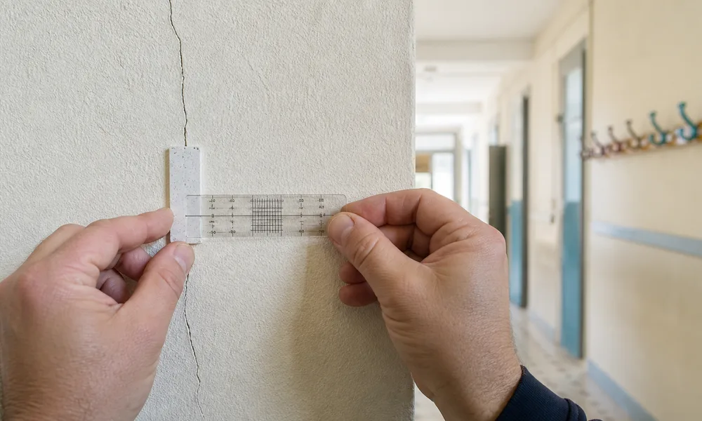 Témoin de fissuration et fissuromètre posés par un expert Expert Fissure IDF sur le mur d'un couloir d'établissement public