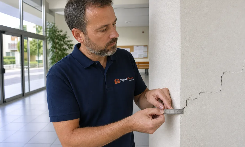 Ingénieur Expert Fissure Île-de-France examinant une fissure sur le mur d'un hall d'établissement recevant du public, polo floqué au logo de l'agence